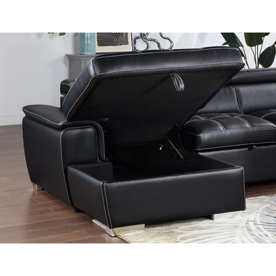 Sofá seccional de cama con cama extraíble y espacio de almacenamiento Sillón salón y apoyacabezas ajustables, cuero negro transpirable