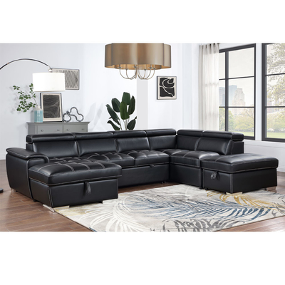 Sofá seccional de cama con cama extraíble y espacio de almacenamiento Sillón salón y apoyacabezas ajustables, cuero negro transpirable