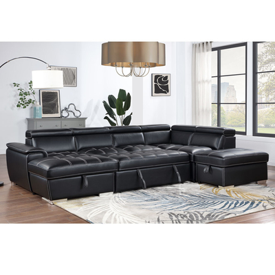 Sofá seccional de cama con cama extraíble y espacio de almacenamiento Sillón salón y apoyacabezas ajustables, cuero negro transpirable