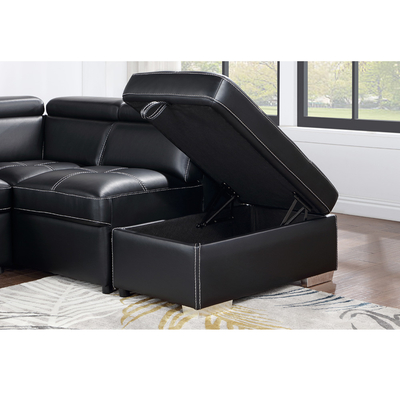 Sofá seccional de cama con cama extraíble y espacio de almacenamiento Sillón salón y apoyacabezas ajustables, cuero negro transpirable