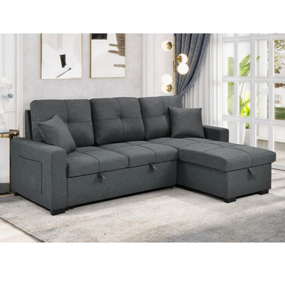 Sofá de cama seccional reversible en forma de L con cama y trastero extraíbles, tejido gris neutro