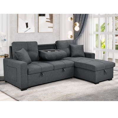 Sofá de cama seccional reversible en forma de L con cama y trastero extraíbles, tejido gris neutro