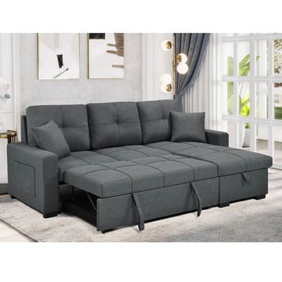Sofá de cama seccional reversible en forma de L con cama y trastero extraíbles, tejido gris neutro