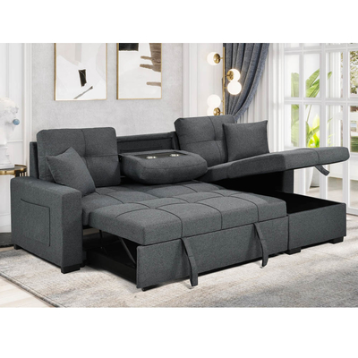 Sofá de cama seccional reversible en forma de L con cama y trastero extraíbles, tejido gris neutro
