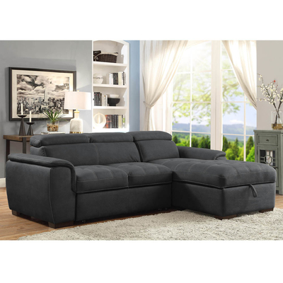 Sofá seccional en forma de L con cama extraíble y apoyacabezas ajustables y silla de almacenamiento, tejido de nubuck de grafito