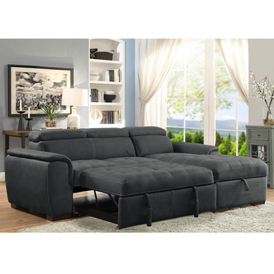 Sofá seccional en forma de L con cama extraíble y apoyacabezas ajustables y silla de almacenamiento, tejido de nubuck de grafito