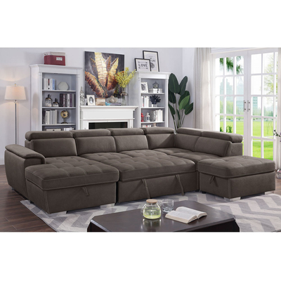 Sofá seccional de cama con cama extraíble y espacio de almacenamiento Sillón de descanso y reposacabezas ajustables, de tela de nubuck marrón ceniza