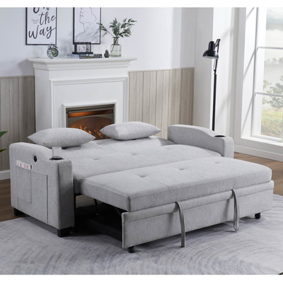 Cama de sofá convertible de tamaño queen, cama confortable con respaldo ajustable y puerto de carga USB y soportes de taza, cama de sofá Futon, tela gris