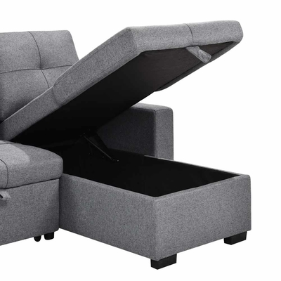 Sofá de cama seccional reversible en forma de L con cama y almacenaje extraíbles, tejido gris