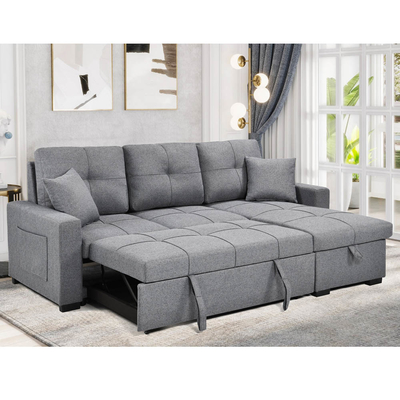 Sofá de cama seccional reversible en forma de L con cama y almacenaje extraíbles, tejido gris