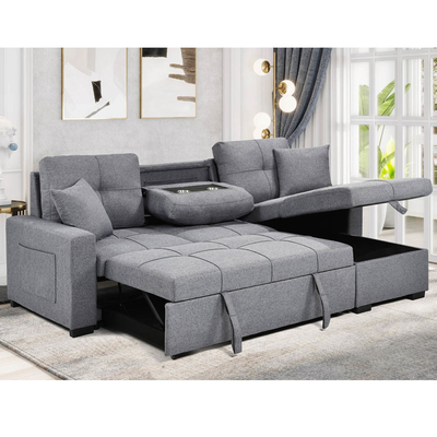 Sofá de cama seccional reversible en forma de L con cama y almacenaje extraíbles, tejido gris