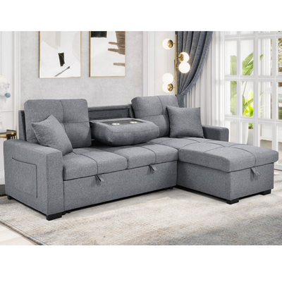 Sofá de cama seccional reversible en forma de L con cama y almacenaje extraíbles, tejido gris