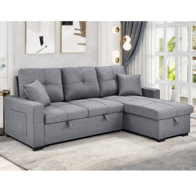 Sofá de cama seccional reversible en forma de L con cama y almacenaje extraíbles, tejido gris