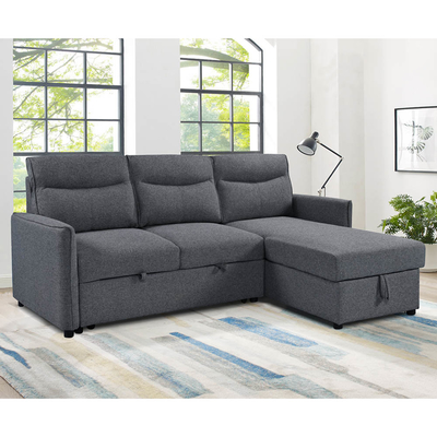 Sofá de cama seccional reversible en forma de L con cama y trastero extraíbles, tejido gris neutro