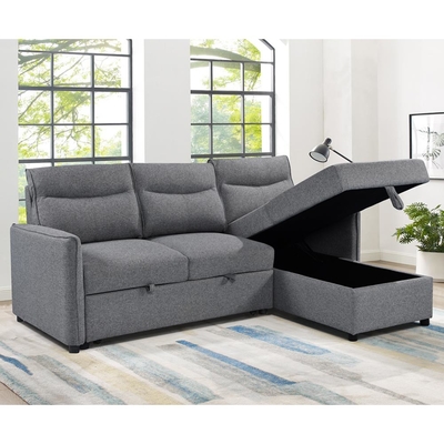 Sofá de cama seccional reversible en forma de L con cama y trastero extraíbles, de tela gris