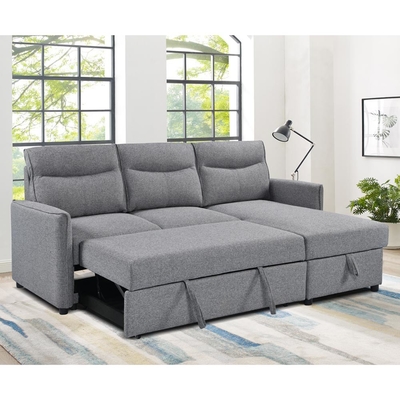 Sofá de cama seccional reversible en forma de L con cama y trastero extraíbles, de tela gris