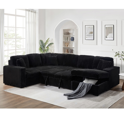 Sofá seccional con cama extraíble y silla de almacenamiento con puerto de carga USB, tejido de corduroy negro