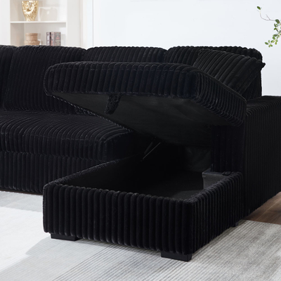 Sofá seccional con cama extraíble y silla de almacenamiento con puerto de carga USB, tejido de corduroy negro