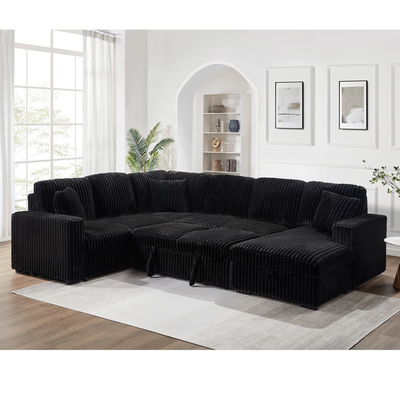 Sofá seccional con cama extraíble y silla de almacenamiento con puerto de carga USB, tejido de corduroy negro