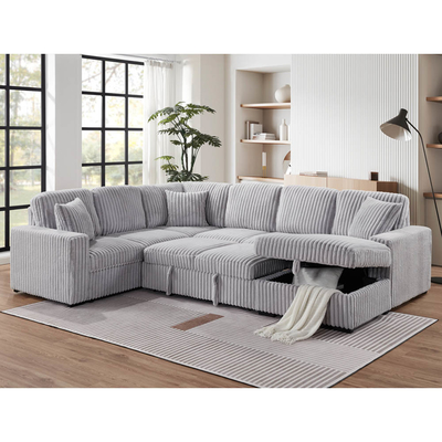 Sofá seccional con cama extraíble y silla de almacenamiento con puerto de carga USB, tela gris de corduroy