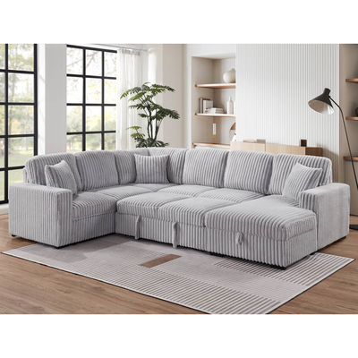 Sofá seccional con cama extraíble y silla de almacenamiento con puerto de carga USB, tela gris de corduroy