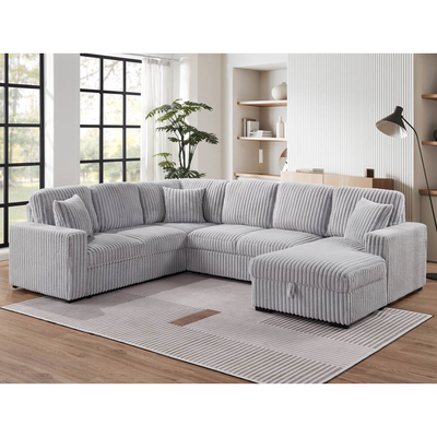 Sofá seccional con cama extraíble y silla de almacenamiento con puerto de carga USB, tela gris de corduroy