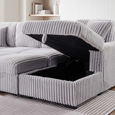 Sofá seccional con cama extraíble y silla de almacenamiento con puerto de carga USB, tela gris de corduroy