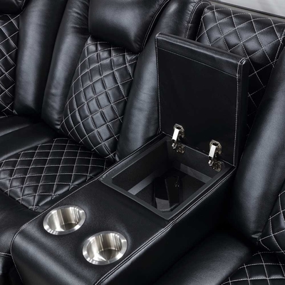 Sofá de esquina Power Recliner con 2 asientos Power Recliner y 2 apoyacabezas Power y caja de almacenamiento y brazos de almacenamiento y luz LED, cuero respiratorio negro