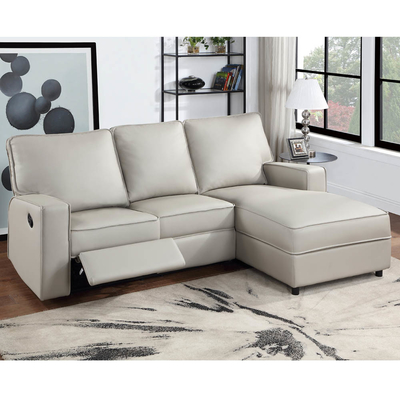 Sofá seccional con asiento reclinable y mesa desplegable y silla de apoyo, leatherette falso gris claro