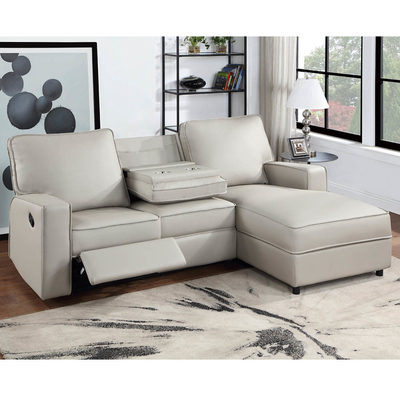 Sofá seccional con asiento reclinable y mesa desplegable y silla de apoyo, leatherette falso gris claro