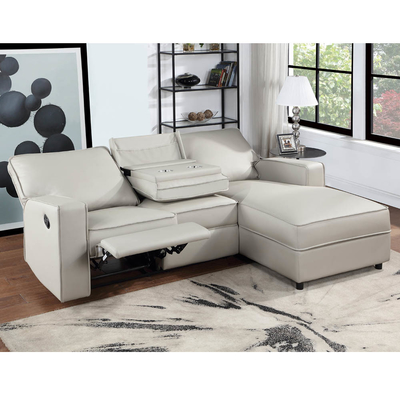 Sofá seccional con asiento reclinable y mesa desplegable y silla de apoyo, leatherette falso gris claro