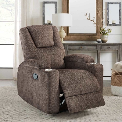 Silla reclinable con soportes de taza de acero inoxidable, tela marrón oscuro