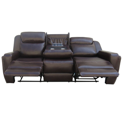 Sofá reclinable con mesa desplegable y caja de almacenamiento, leatherette marrón transpirable