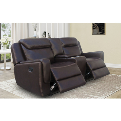 Sofá reclinable con mesa desplegable y caja de almacenamiento, leatherette marrón transpirable
