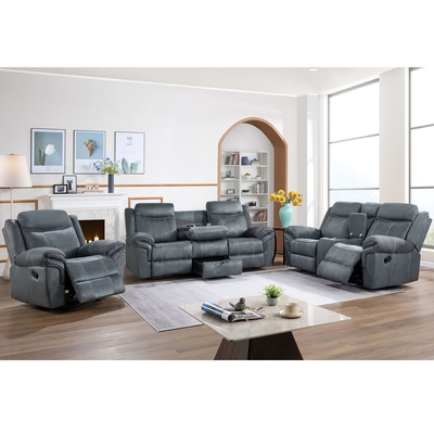 Set de sofá reclinable con mesa desplegable y cajón y caja de almacenamiento, vinilo gris similar a la tela