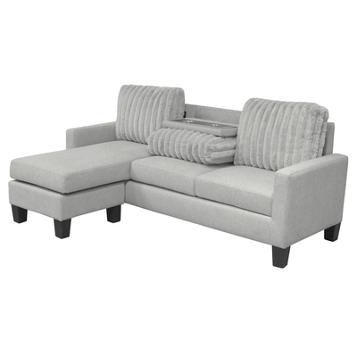 Sofá seccional en forma de L con mesa desplegable y silla reversible, de tela gris claro