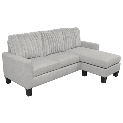 Sofá seccional en forma de L con mesa desplegable y silla reversible, de tela gris claro