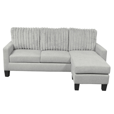 Sofá seccional en forma de L con mesa desplegable y silla reversible, de tela gris claro