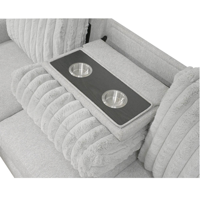 Sofá seccional en forma de L con mesa desplegable y silla reversible, de tela gris claro
