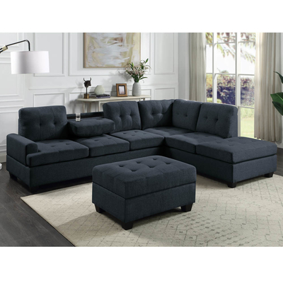 Sofá seccional en forma de L con mesa desplegable y silla reversible y almacenamiento