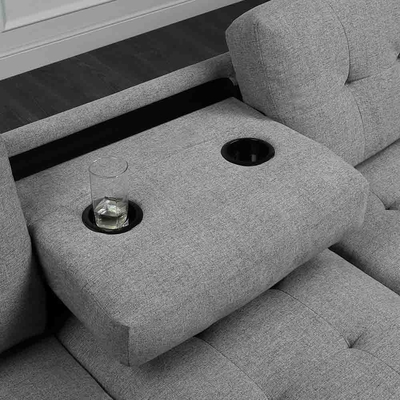 Sofá seccional en forma de L con mesa desplegable y silla reversible y almacenaje