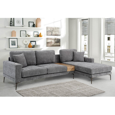 Sofá seccional en forma de L con cajón y 2 almohadas y soportes de tazas de acero inoxidable, chenilia gris
