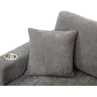 Sofá seccional en forma de L con cajón y 2 almohadas y soportes de tazas de acero inoxidable, chenilia gris