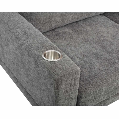 Sofá seccional en forma de L con cajón y 2 almohadas y soportes de tazas de acero inoxidable, chenilia gris