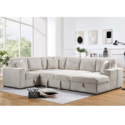 Sofá seccional de cama en forma de U con cama extraíble y silla de repostería Salón de estar y repostería Asiento de amor y puerto de carga USB, tela de corduroy kaki