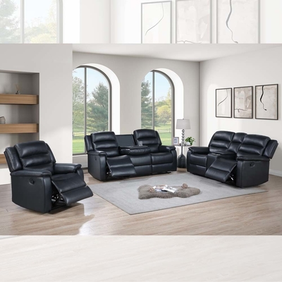 Sofá reclinable con mesa desplegable y caja de almacenamiento, cuero negro transpirable