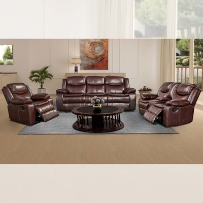 Sofá reclinable con mesa desplegable y caja de almacenamiento, leatherette marrón transpirable