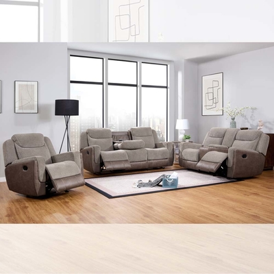 Sofá reclinable con mesa desplegable y caja de almacenamiento, de tela marrón claro y marrón