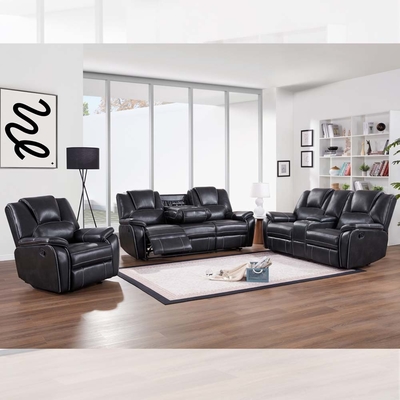 Sofá reclinable con mesa desplegable y caja de almacenamiento, cuero negro transpirable