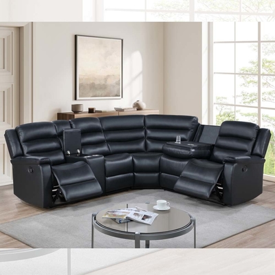 Sofá reclinable de esquina con mesa desplegable y caja de almacenamiento, cuero negro transpirable